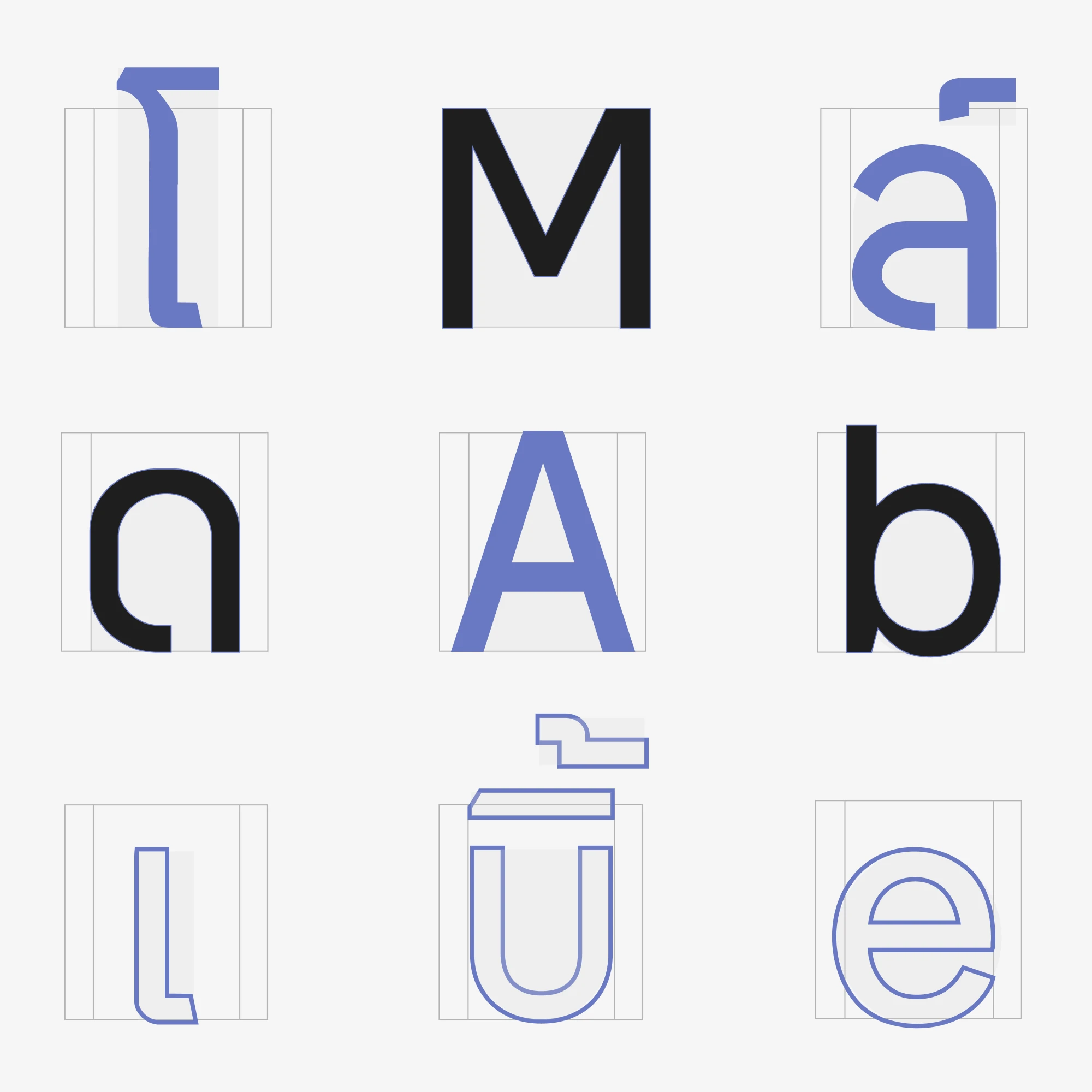 Brand typeface letterforms on construction grids, pairing Latin letters such as M, A, b and e with Thai characters.