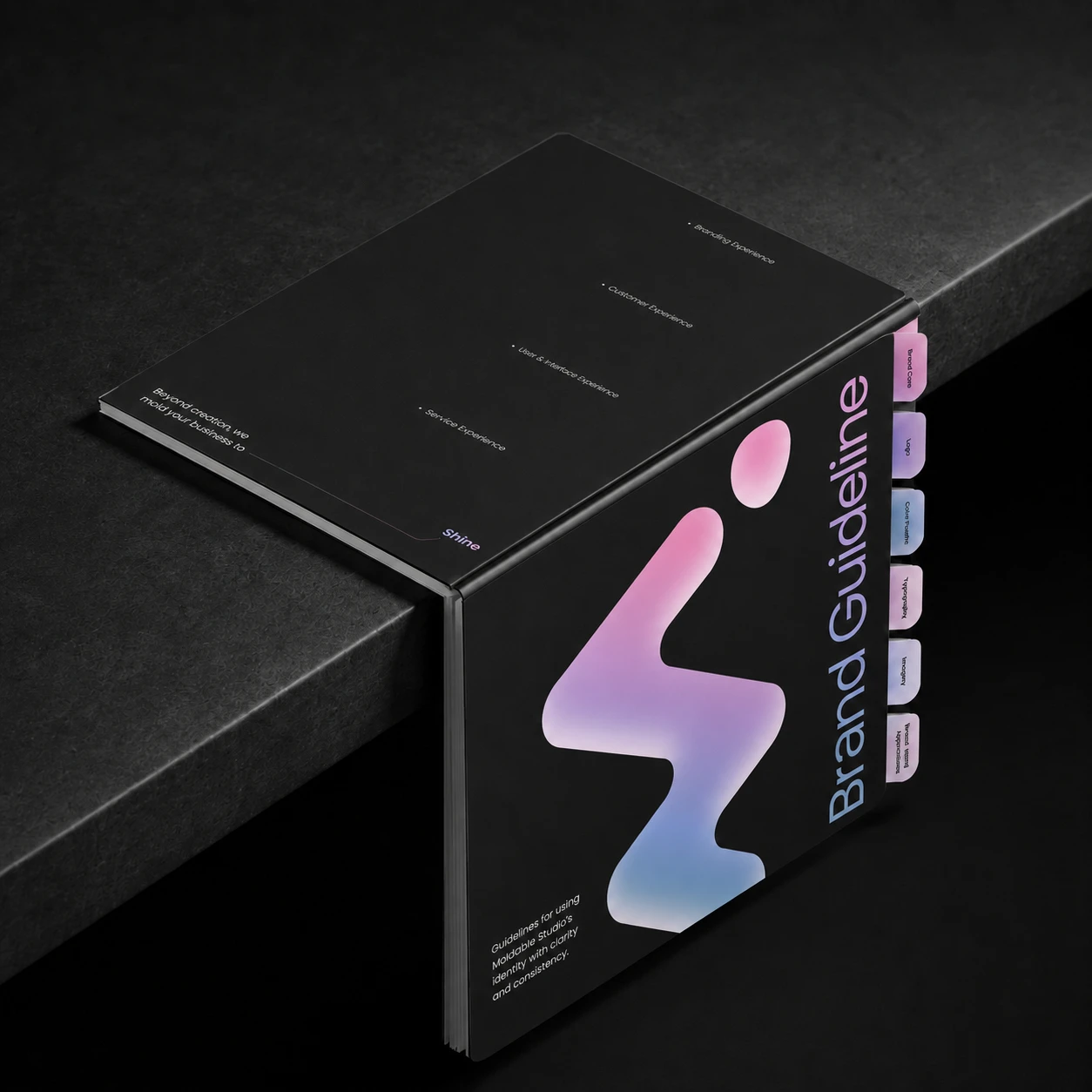 Black Moldable Brand Guideline box with the gradient M logo and colour tabs, resting on the edge of a dark plinth.