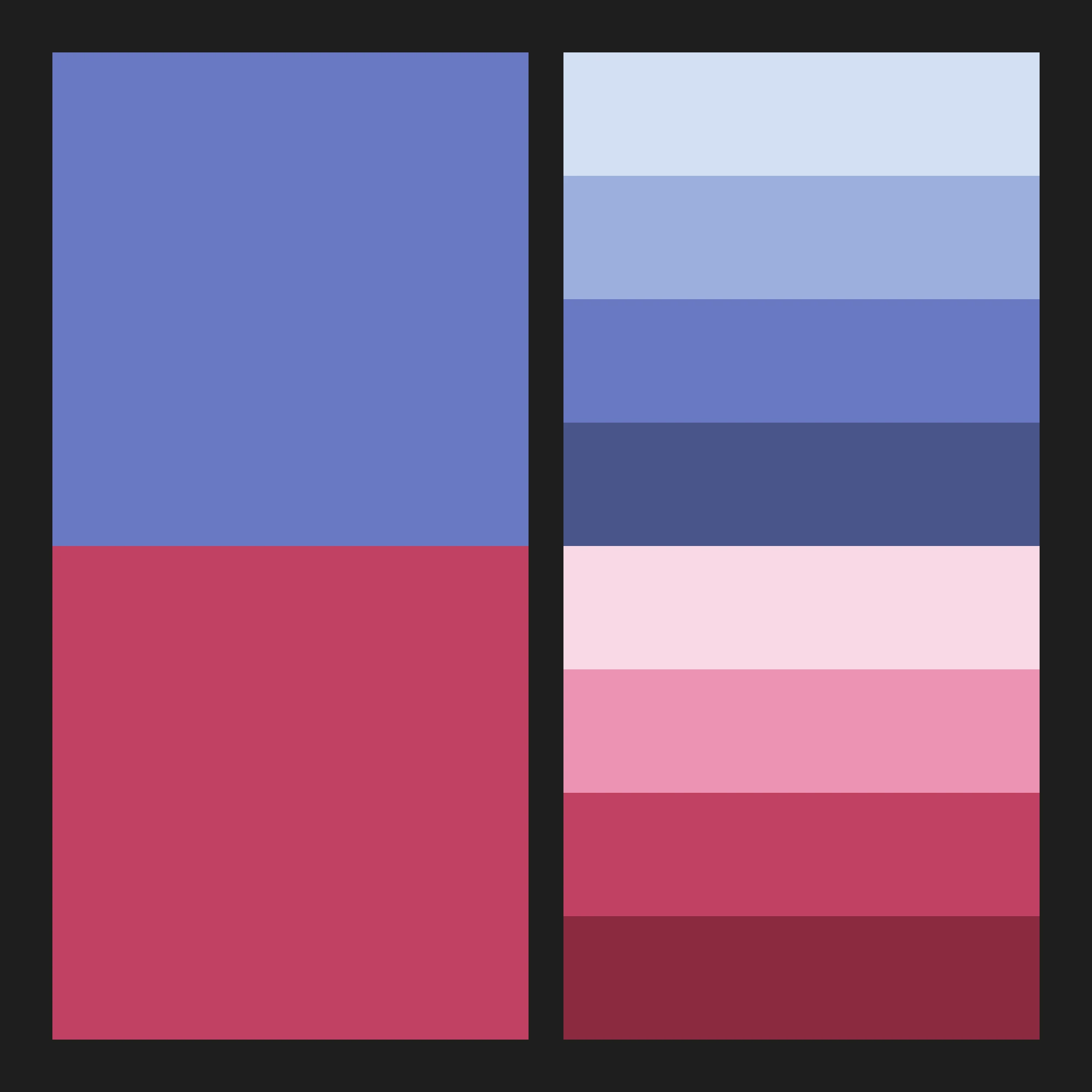 Moldable colour palette: a periwinkle blue primary and a raspberry red secondary, each shown with four tints and shades.