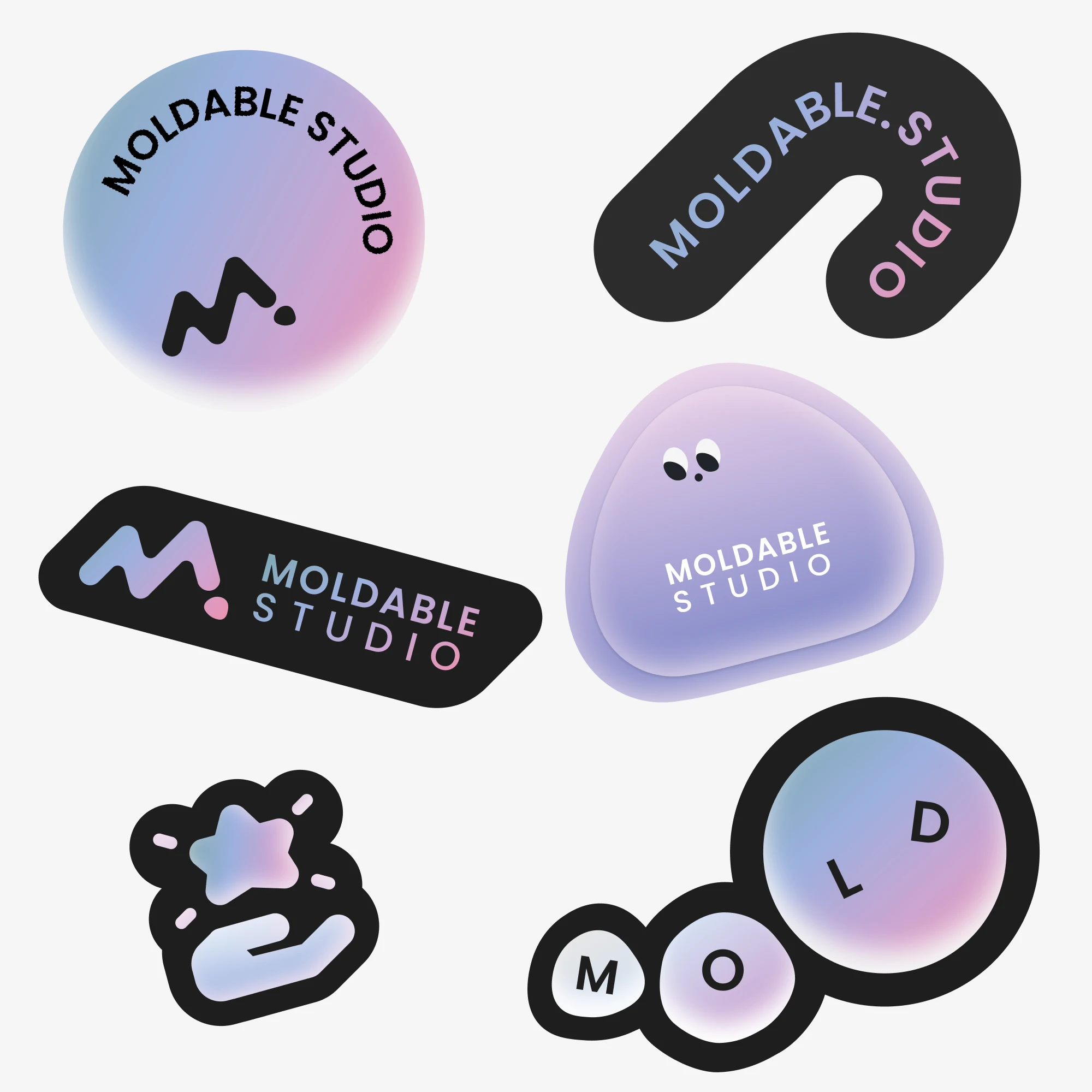Moldable Studio sticker set: round, pill and blob-shaped stickers with the M logo, the studio name and a small character, in gradient and black finishes.