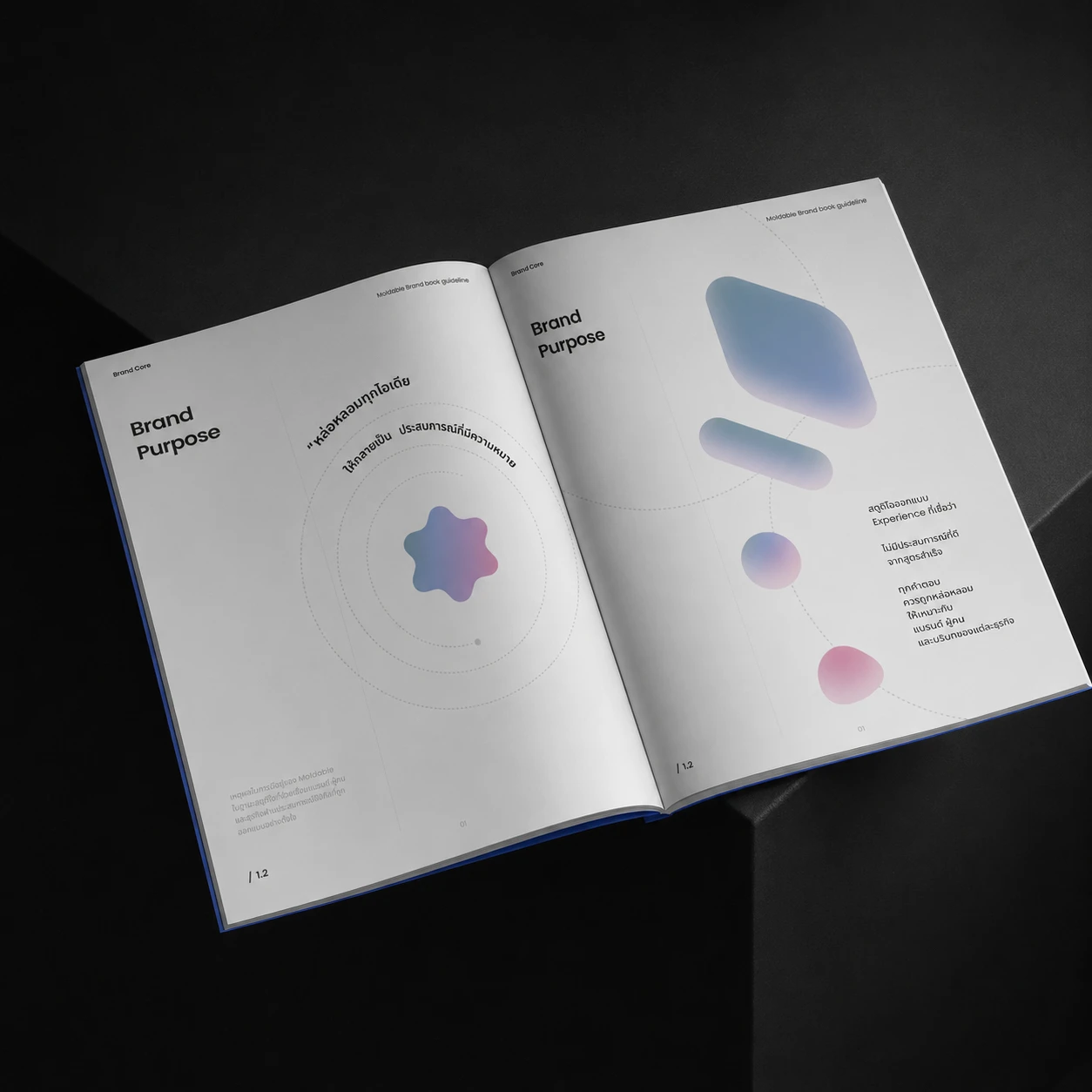 Open Moldable brand guideline brochure showing the Brand Purpose spread with soft gradient shapes.
