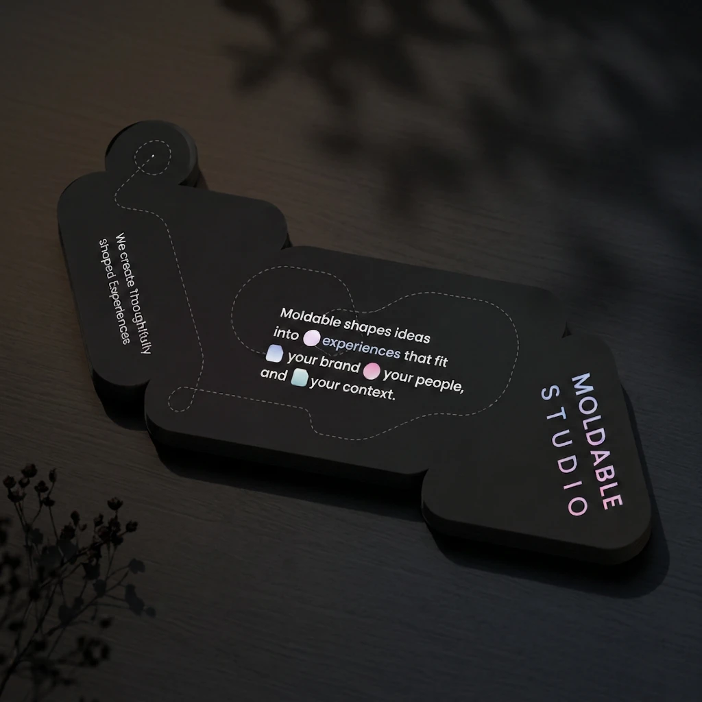 Die-cut black Moldable Studio business card with gradient icons and the line “Moldable shapes ideas into experiences that fit your brand, your people, and your context.”
